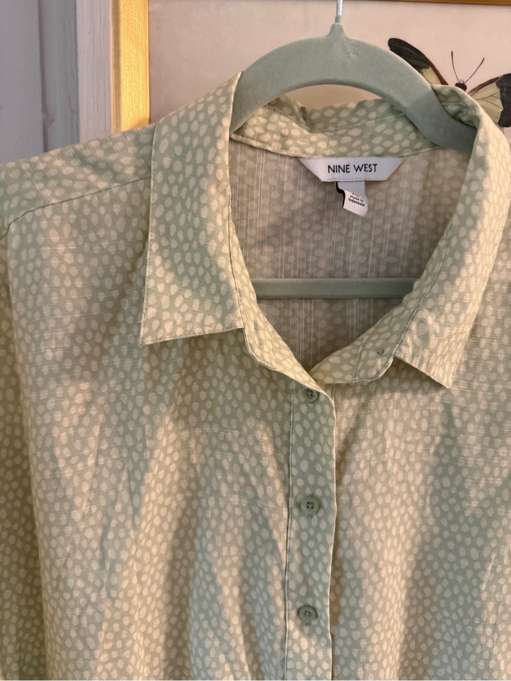 Nine West Pale Green Polka Dot Tie-Front Button Down Shirt - Picture 2 of 6